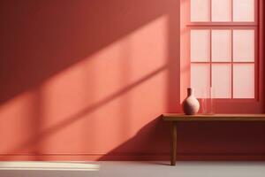 Table for display of presentation product with red wall room with windows showing sunlight, in the style of minimalist background, modern interior concept, AI generate photo