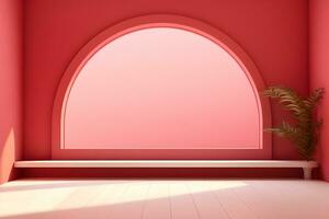 Table for display of presentation product with red wall room with windows showing sunlight, in the style of minimalist background, modern interior concept, AI generate photo