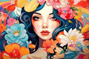 abstract background woman face pop art style flowers patterns illustrations background, AI generate photo