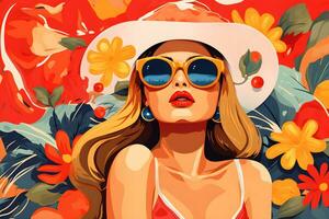 abstract background woman face pop art style flowers patterns illustrations background, AI generate photo