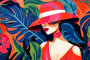abstract background woman face pop art style flowers patterns illustrations background, AI generate photo