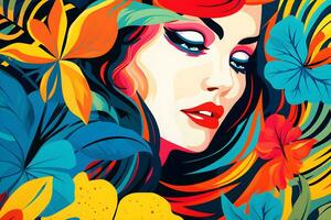 abstract background woman face pop art style flowers patterns illustrations background, AI generate photo