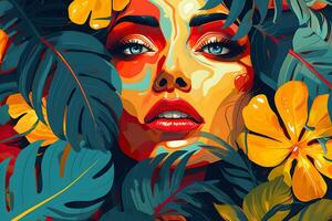 abstract background woman face pop art style flowers patterns illustrations background, AI generate photo