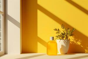 yellow wall room with windows showing sunlight, vase and pot with a plant in the style of minimalist background, mockup for display of product modern interior concept, AI generate photo