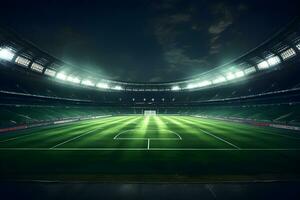 Football soccer field stadium at night and spotlight, AI generate photo