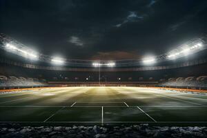 Football soccer field stadium at night and spotlight, AI generate photo