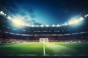 Football soccer field stadium at night and spotlight, AI generate photo