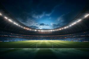 Football soccer field stadium at night and spotlight, AI generate photo