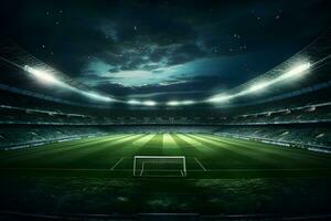 Football soccer field stadium at night and spotlight, AI generate photo