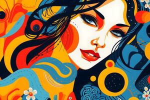 abstract background woman face pop art style flowers patterns illustrations background, AI generate photo