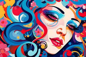 abstract background woman face pop art style flowers patterns illustrations background, AI generate photo