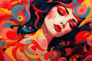 abstract background woman face pop art style flowers patterns illustrations background, AI generate photo