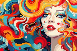 abstract background woman face pop art style flowers patterns illustrations background, AI generate photo