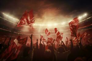 Soccer fans cheering their team with at crowded stadium, AI generate photo