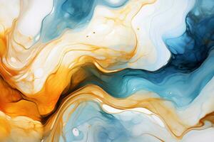 Luxury abstract fluid art painting background alcohol ink technique navy blue and gold, AI generate photo