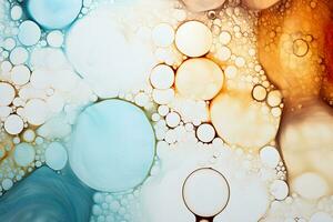 Abstract background of liquid vivid blue and white color mixing with different tints creating uneven with bubbles surface, AI generate photo