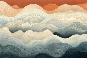 abstract waves and mountains Japanese style background with line wave pattern, AI generate photo