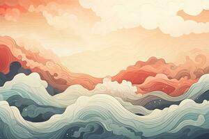 resumen olas y montañas japonés estilo antecedentes con línea ola patrón, ai generar foto