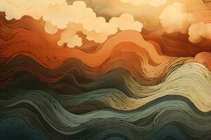 abstract waves and mountains Japanese style background with line wave pattern, AI generate photo