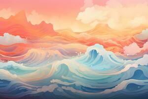 abstract waves and mountains Japanese style background with line wave pattern, AI generate photo