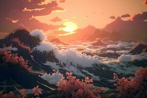 abstract waves and mountains Japanese style background with line wave pattern, AI generate photo