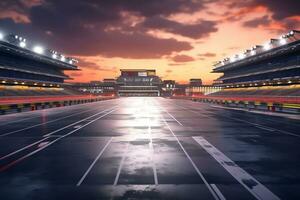 asphalt racing track and illuminated race sport at stadium evening arena and spotlight, AI generate photo