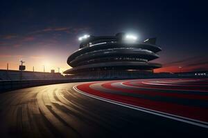 asphalt racing track and illuminated race sport at stadium evening arena and spotlight, AI generate photo