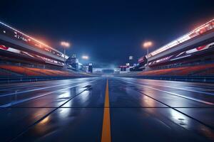 asphalt racing track and illuminated race sport at stadium evening arena and spotlight, AI generate photo
