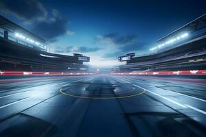 asfalto carreras pista y iluminado carrera deporte a estadio noche arena y destacar, ai generar foto