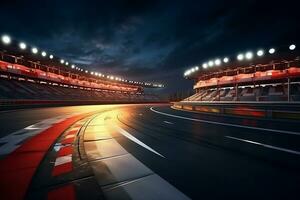 Curved asphalt racing track and illuminated race sport at stadium evening arena and spotlight, AI generate photo