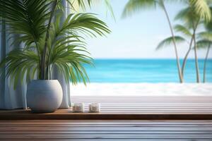 Summer tropical sea beach with waves, palm leaves and blue sky with clouds. Vacation landscape with empty wooden table for display of presentation product, AI generate photo