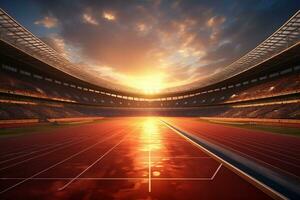 Running track stadium evening arena with crowd fans, AI generate photo