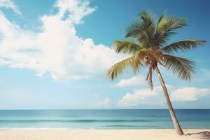 Palm tree on tropical beach with blue sky and white clouds abstract background. Copy space of summer vacation and business travel concept. AI generate photo