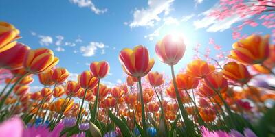 hermosa tulipanes flores floreciente en un tulipán campo en contra azul cielo, ai generar foto