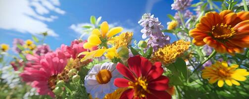 Bright colourful flowers plants in the field against blue sky, ai generate photo