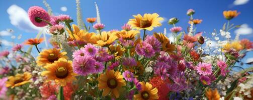 Bright colourful flowers plants in the field against blue sky, ai generate photo