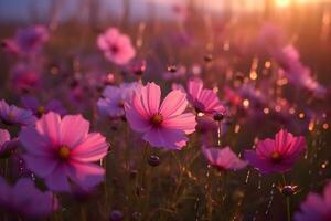 cosmos rosado flores en el campo en el mañana, ai generar foto