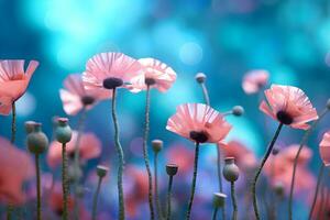 Pink poppies in the field spring flower with blurred background, ai generate photo