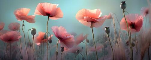 Pink poppies in the field spring flower with blurred background, ai generate photo