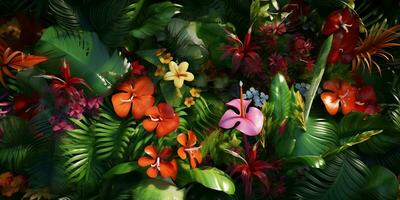 Colorful flowers in the garden, Top view tropical flowers plants background, ai generate photo