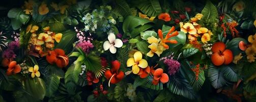 Top view tropical flowers plants background, ai generate photo