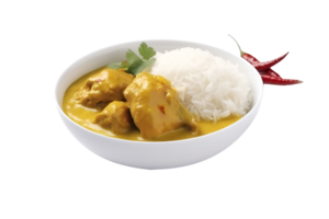 frango Curry com jasmim arroz dentro uma branco placa, isolado em branco fundo, ai gerar png