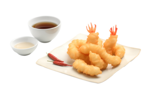 Tempura fried shrimp in a plate, isolated on white background, ai generate png