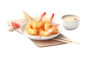 Tempura fried shrimp in a plate, isolated on white transparent background, ai generate png