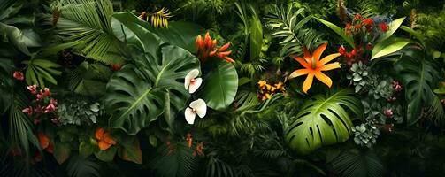 Top view tropical flowers trees plants background, ai generate photo