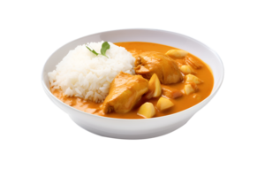 Chicken curry with jasmine rice in a white plate, isolated on white  background, ai generate png