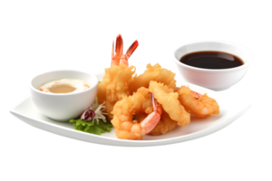 Tempura fried shrimp in a plate, isolated on white background, ai generate png