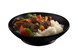 Beef and vegetables stir fry with jasmine rice in black bowl, isolated on white background, ai generate png