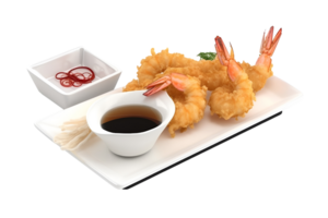 Tempura fried shrimp in a plate, isolated on white background, ai generate png
