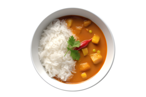 Chicken curry with jasmine rice in a white plate, isolated on white  background, ai generate png